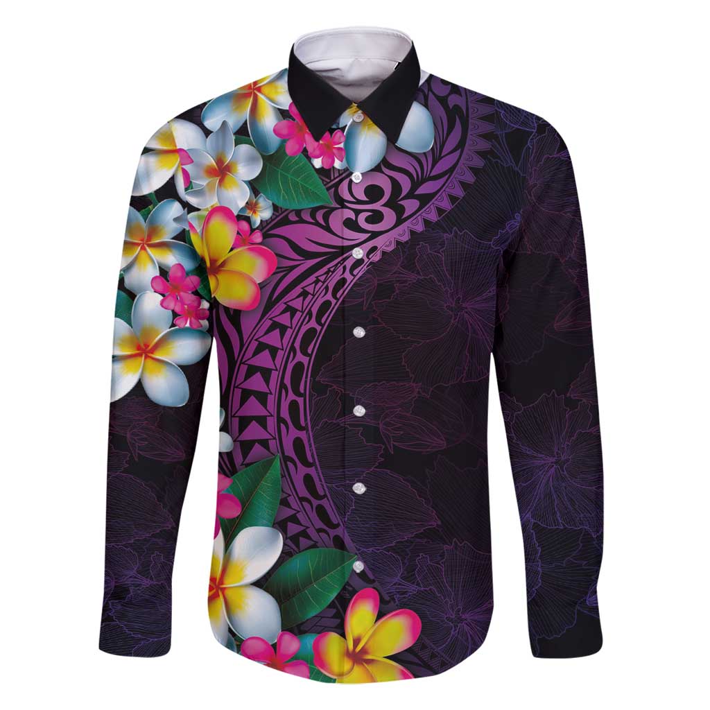 Hawaiian Plumeria-Polynesian Art Tattoo Mauve Color Family Matching Long Sleeve Bodycon Dress and Hawaiian Shirt LT03 Dad's Shirt - Long Sleeve Purple - Polynesian Pride