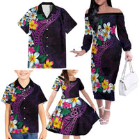 Hawaiian Plumeria-Polynesian Art Tattoo Mauve Color Family Matching Off The Shoulder Long Sleeve Dress and Hawaiian Shirt LT03 - Polynesian Pride