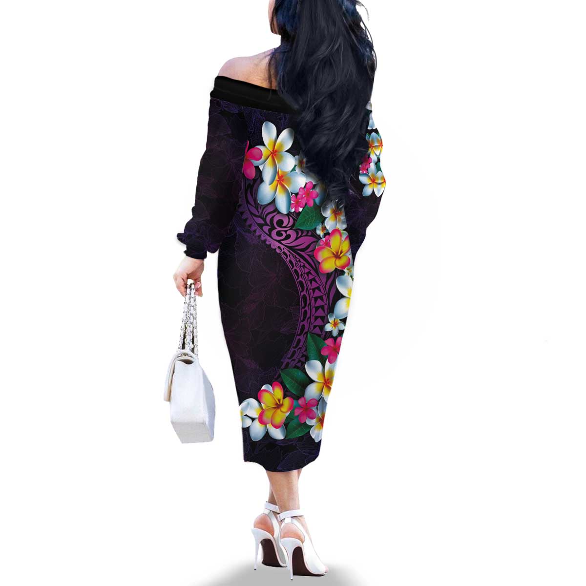 Hawaiian Plumeria-Polynesian Art Tattoo Mauve Color Family Matching Off The Shoulder Long Sleeve Dress and Hawaiian Shirt LT03 - Polynesian Pride