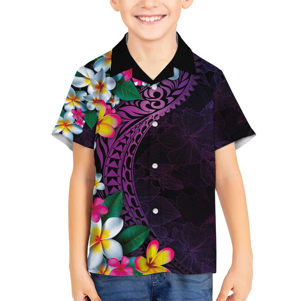 Hawaiian Plumeria-Polynesian Art Tattoo Mauve Color Family Matching Off The Shoulder Long Sleeve Dress and Hawaiian Shirt LT03 Son's Shirt Purple - Polynesian Pride