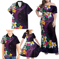 Hawaiian Plumeria-Polynesian Art Tattoo Mauve Color Family Matching Off Shoulder Maxi Dress and Hawaiian Shirt LT03 - Polynesian Pride