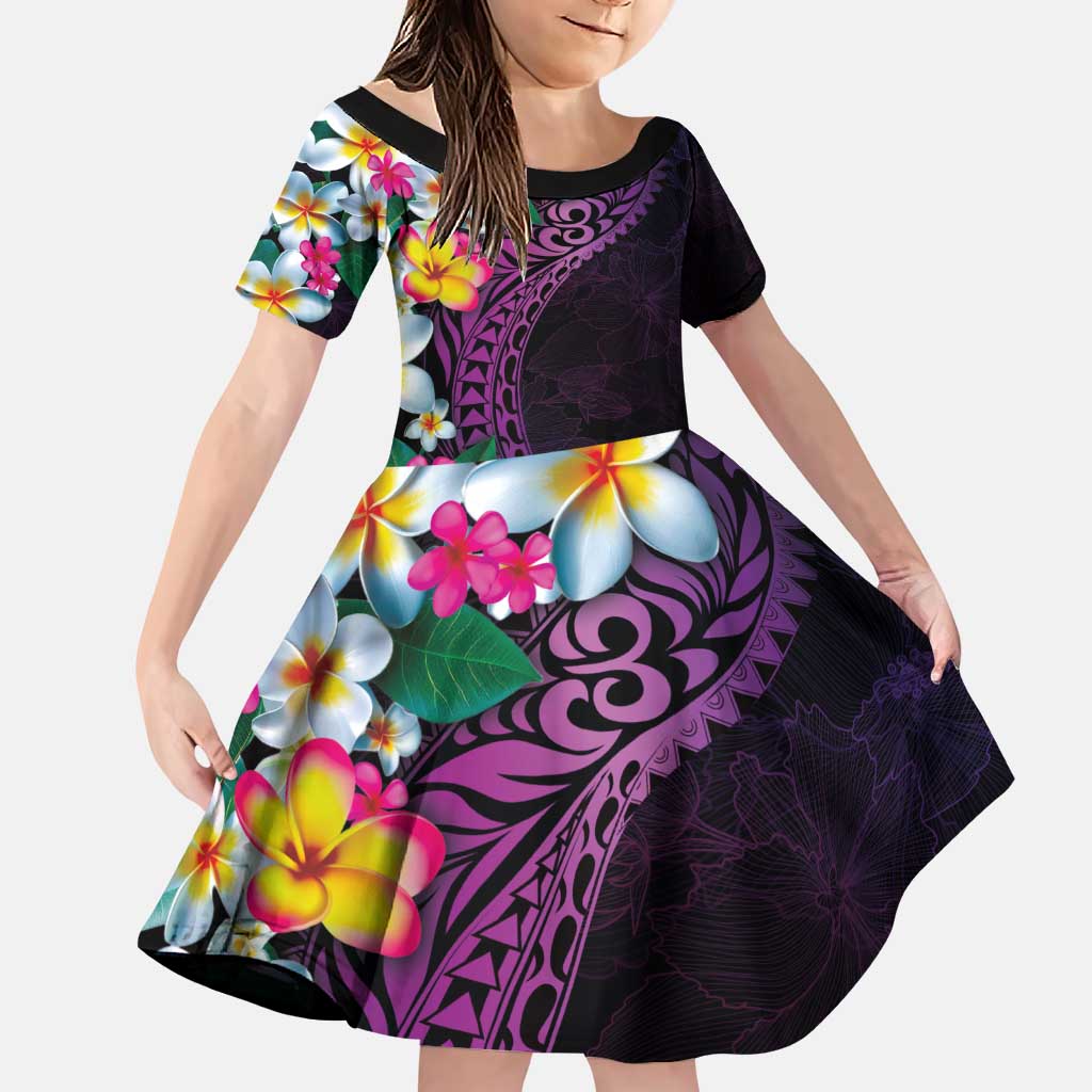 Hawaiian Plumeria-Polynesian Art Tattoo Mauve Color Family Matching Puletasi and Hawaiian Shirt LT03 Daughter's Dress Purple - Polynesian Pride