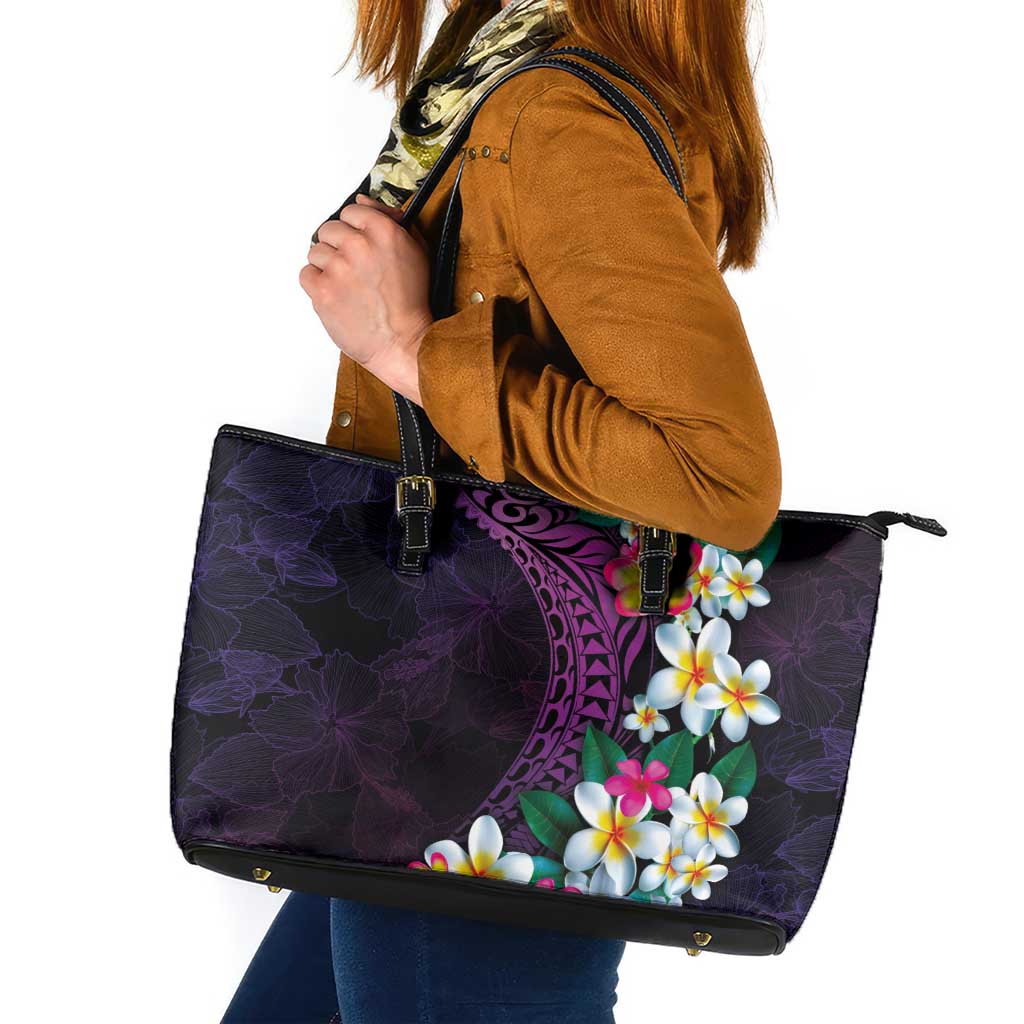 Hawaiian Plumeria-Polynesian Art Tattoo Mauve Color Leather Tote Bag LT03 Purple - Polynesian Pride
