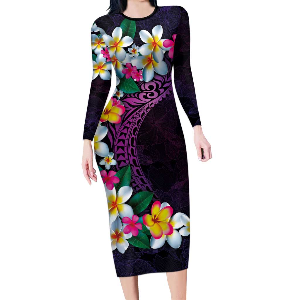 Hawaiian Plumeria-Polynesian Art Tattoo Mauve Color Long Sleeve Bodycon Dress LT03 Long Dress Purple - Polynesian Pride
