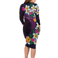 Hawaiian Plumeria-Polynesian Art Tattoo Mauve Color Long Sleeve Bodycon Dress LT03 - Polynesian Pride