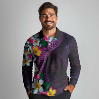Hawaiian Plumeria-Polynesian Art Tattoo Mauve Color Long Sleeve Polo Shirt LT03 - Polynesian Pride