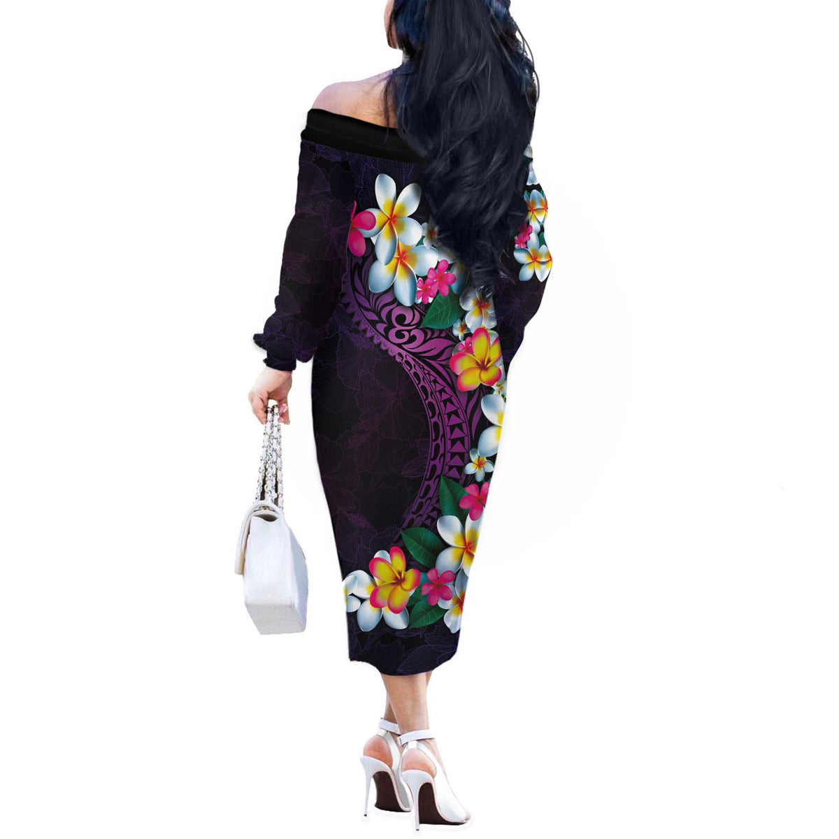 Hawaiian Plumeria-Polynesian Art Tattoo Mauve Color Off The Shoulder Long Sleeve Dress LT03 - Polynesian Pride