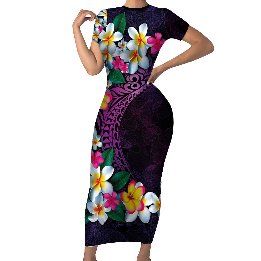 Hawaiian Plumeria-Polynesian Art Tattoo Mauve Color Short Sleeve Bodycon Dress LT03 Long Dress Purple - Polynesian Pride