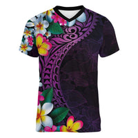 Hawaiian Plumeria-Polynesian Art Tattoo Mauve Color Women V-Neck T-Shirt LT03 Female Purple - Polynesian Pride