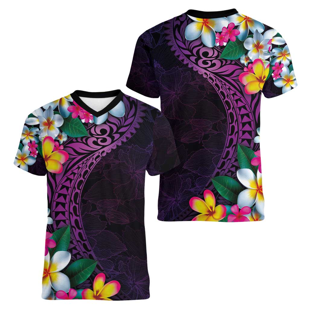 Hawaiian Plumeria-Polynesian Art Tattoo Mauve Color Women V-Neck T-Shirt LT03 - Polynesian Pride