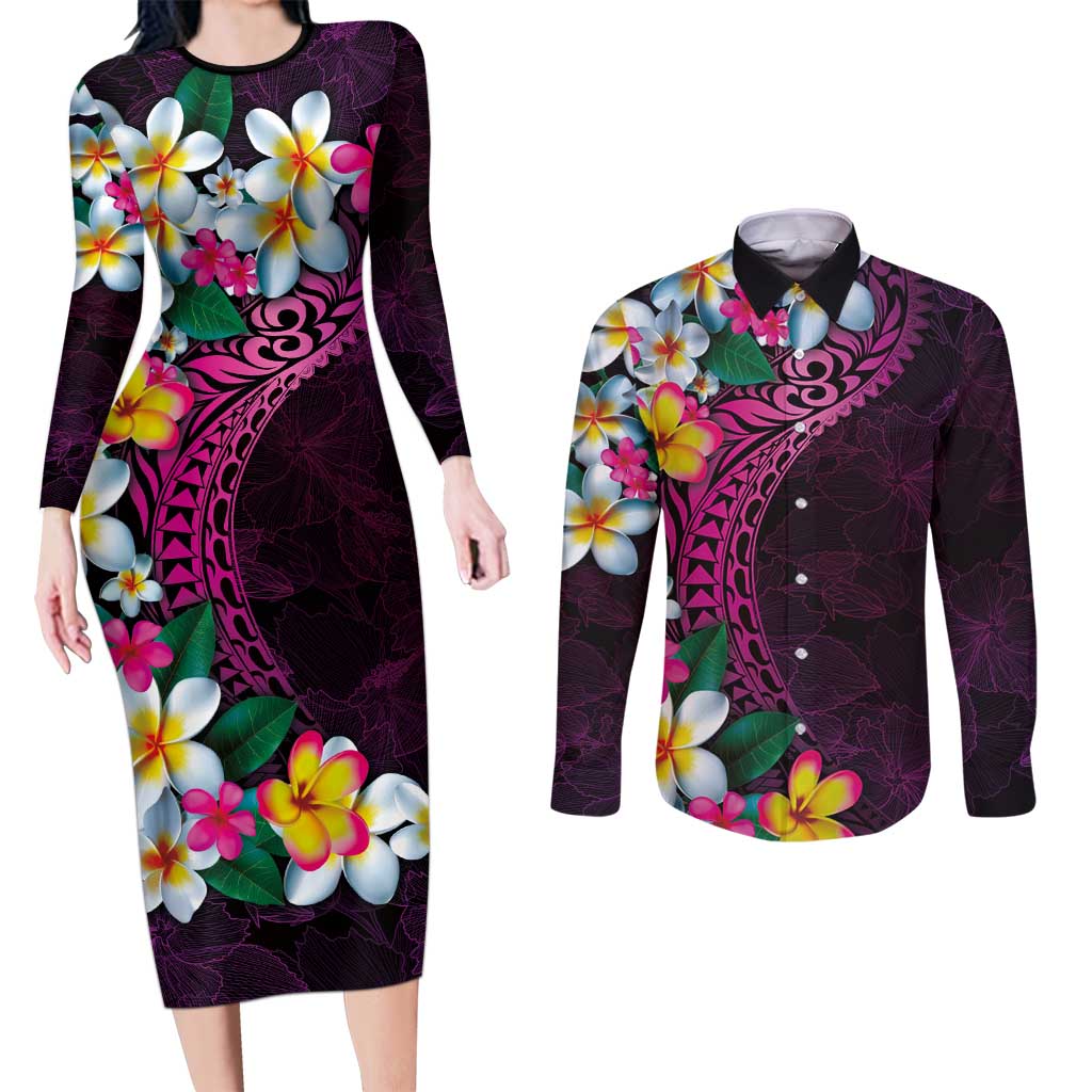 Hawaiian Plumeria-Polynesian Art Tattoo Plum Pink Color Couples Matching Long Sleeve Bodycon Dress and Long Sleeve Button Shirt LT03 Pink - Polynesian Pride