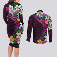 Hawaiian Plumeria-Polynesian Art Tattoo Plum Pink Color Couples Matching Long Sleeve Bodycon Dress and Long Sleeve Button Shirt LT03 - Polynesian Pride