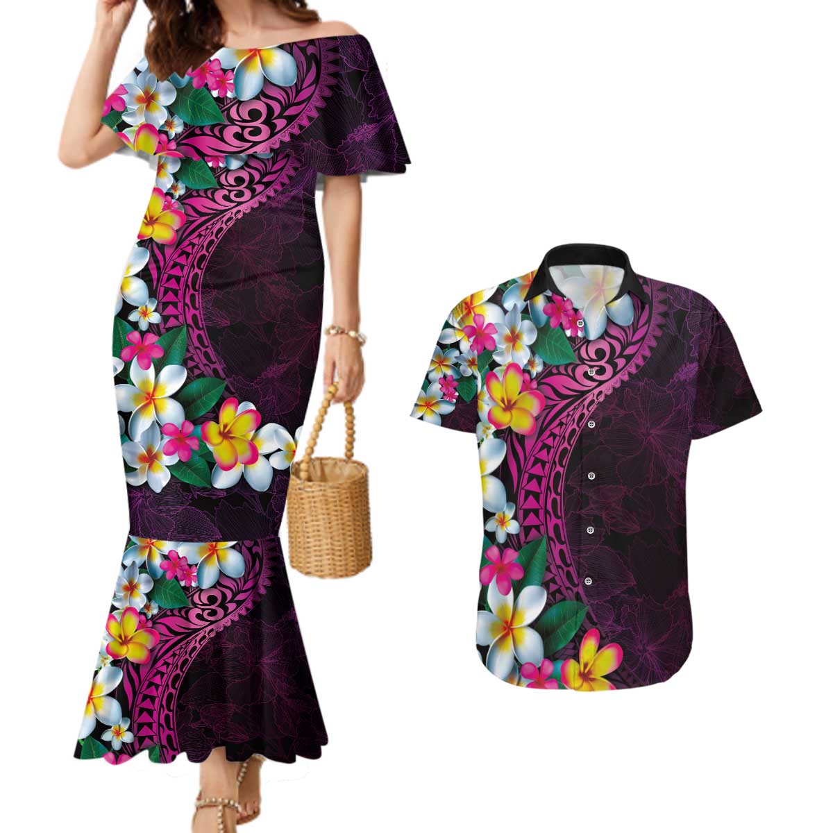 Hawaiian Plumeria-Polynesian Art Tattoo Plum Pink Color Couples Matching Mermaid Dress and Hawaiian Shirt LT03 Pink - Polynesian Pride