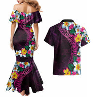 Hawaiian Plumeria-Polynesian Art Tattoo Plum Pink Color Couples Matching Mermaid Dress and Hawaiian Shirt LT03 - Polynesian Pride
