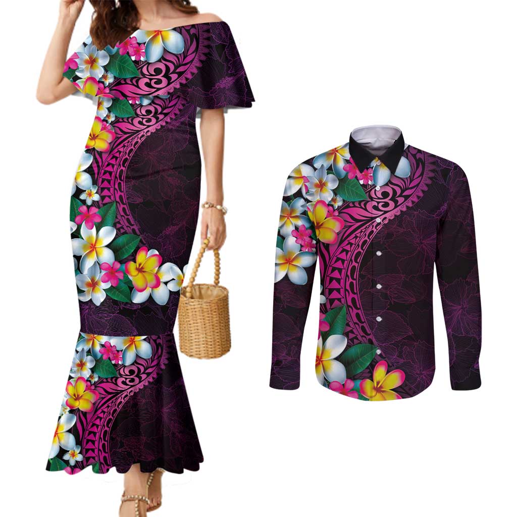 Hawaiian Plumeria-Polynesian Art Tattoo Plum Pink Color Couples Matching Mermaid Dress and Long Sleeve Button Shirt LT03 Pink - Polynesian Pride