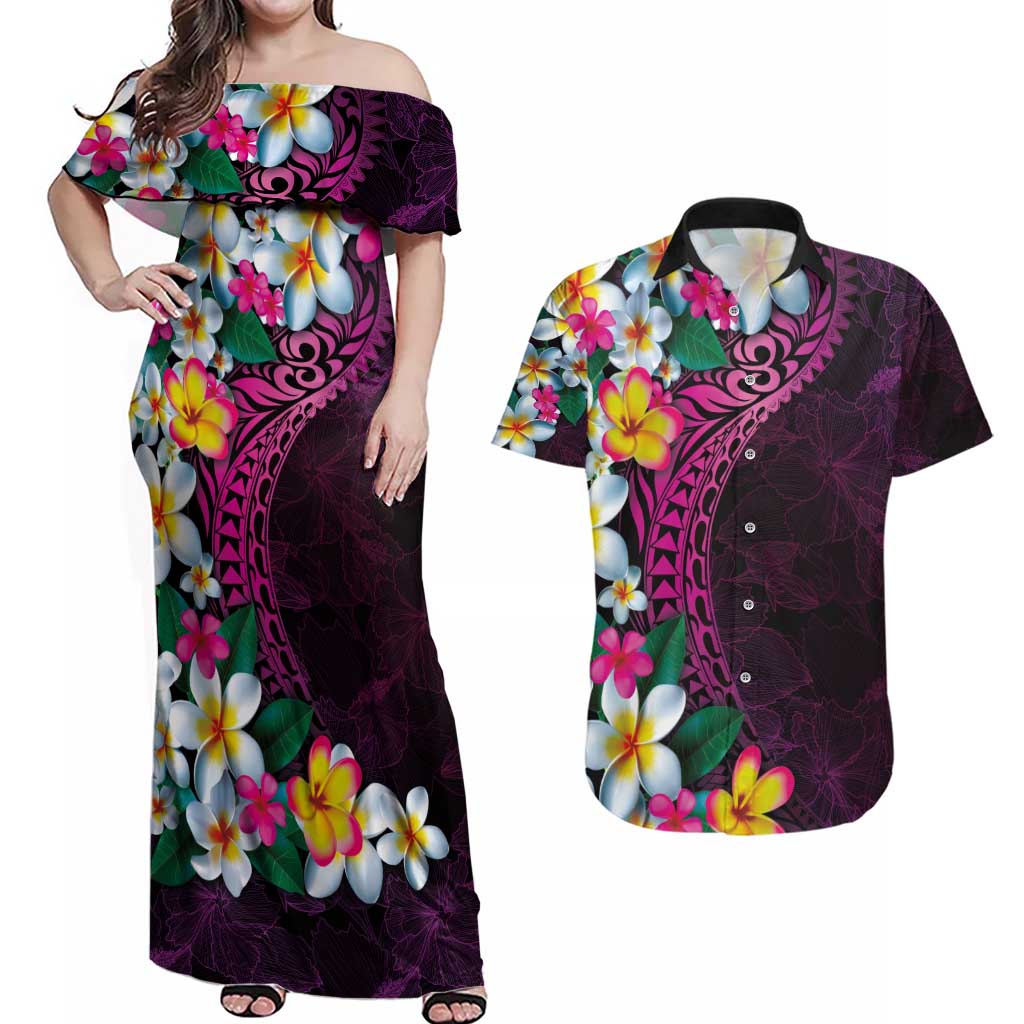 Hawaiian Plumeria-Polynesian Art Tattoo Plum Pink Color Couples Matching Off Shoulder Maxi Dress and Hawaiian Shirt LT03 Pink - Polynesian Pride