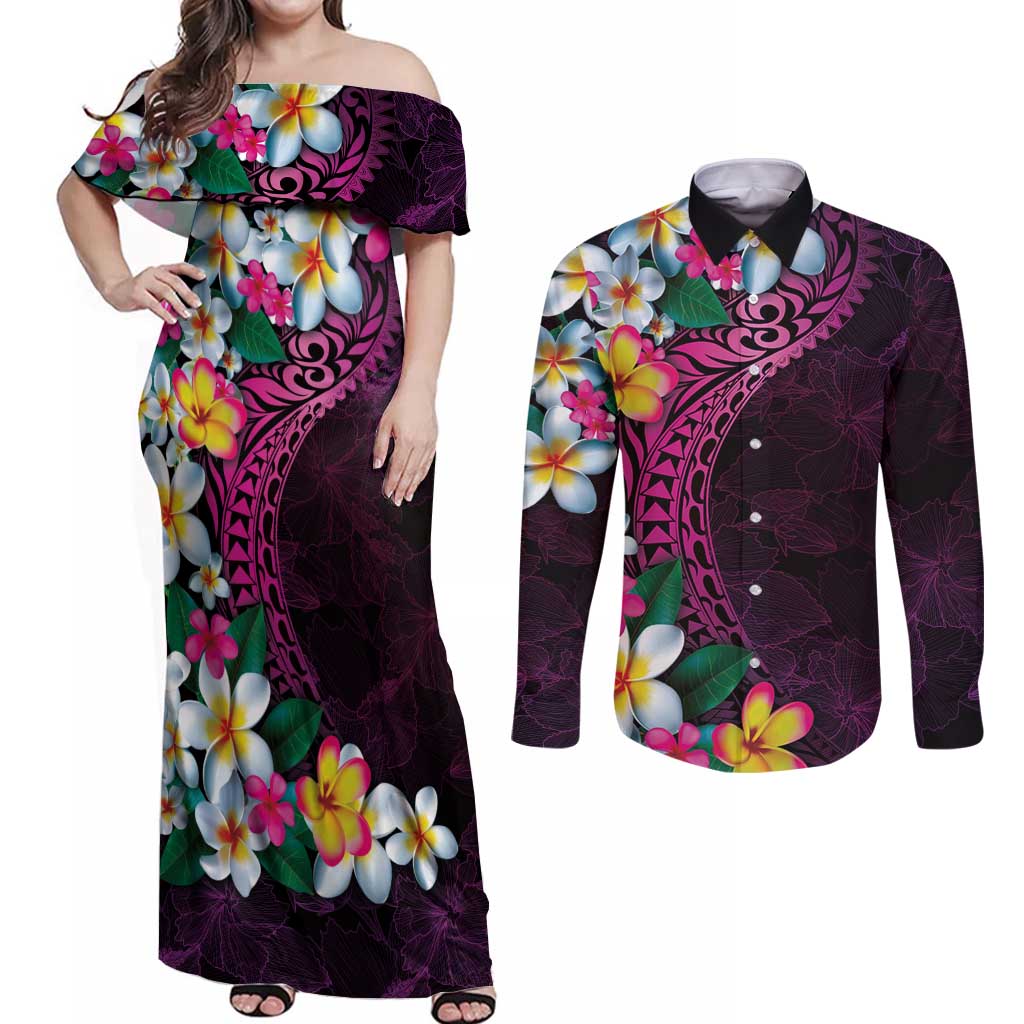 Hawaiian Plumeria-Polynesian Art Tattoo Plum Pink Color Couples Matching Off Shoulder Maxi Dress and Long Sleeve Button Shirt LT03 Pink - Polynesian Pride