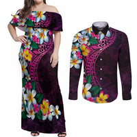 Hawaiian Plumeria-Polynesian Art Tattoo Plum Pink Color Couples Matching Off Shoulder Maxi Dress and Long Sleeve Button Shirt LT03 Pink - Polynesian Pride