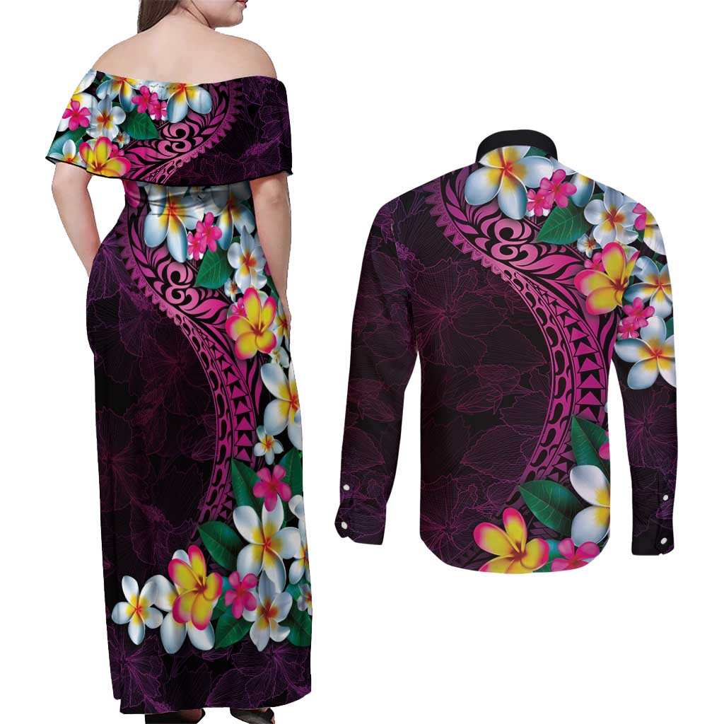 Hawaiian Plumeria-Polynesian Art Tattoo Plum Pink Color Couples Matching Off Shoulder Maxi Dress and Long Sleeve Button Shirt LT03 - Polynesian Pride