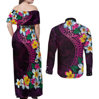 Hawaiian Plumeria-Polynesian Art Tattoo Plum Pink Color Couples Matching Off Shoulder Maxi Dress and Long Sleeve Button Shirt LT03 - Polynesian Pride