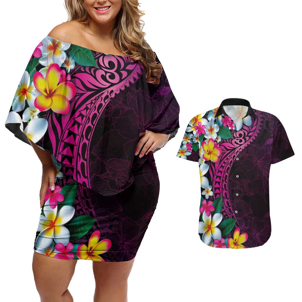 Hawaiian Plumeria-Polynesian Art Tattoo Plum Pink Color Couples Matching Off Shoulder Short Dress and Hawaiian Shirt LT03 Pink - Polynesian Pride