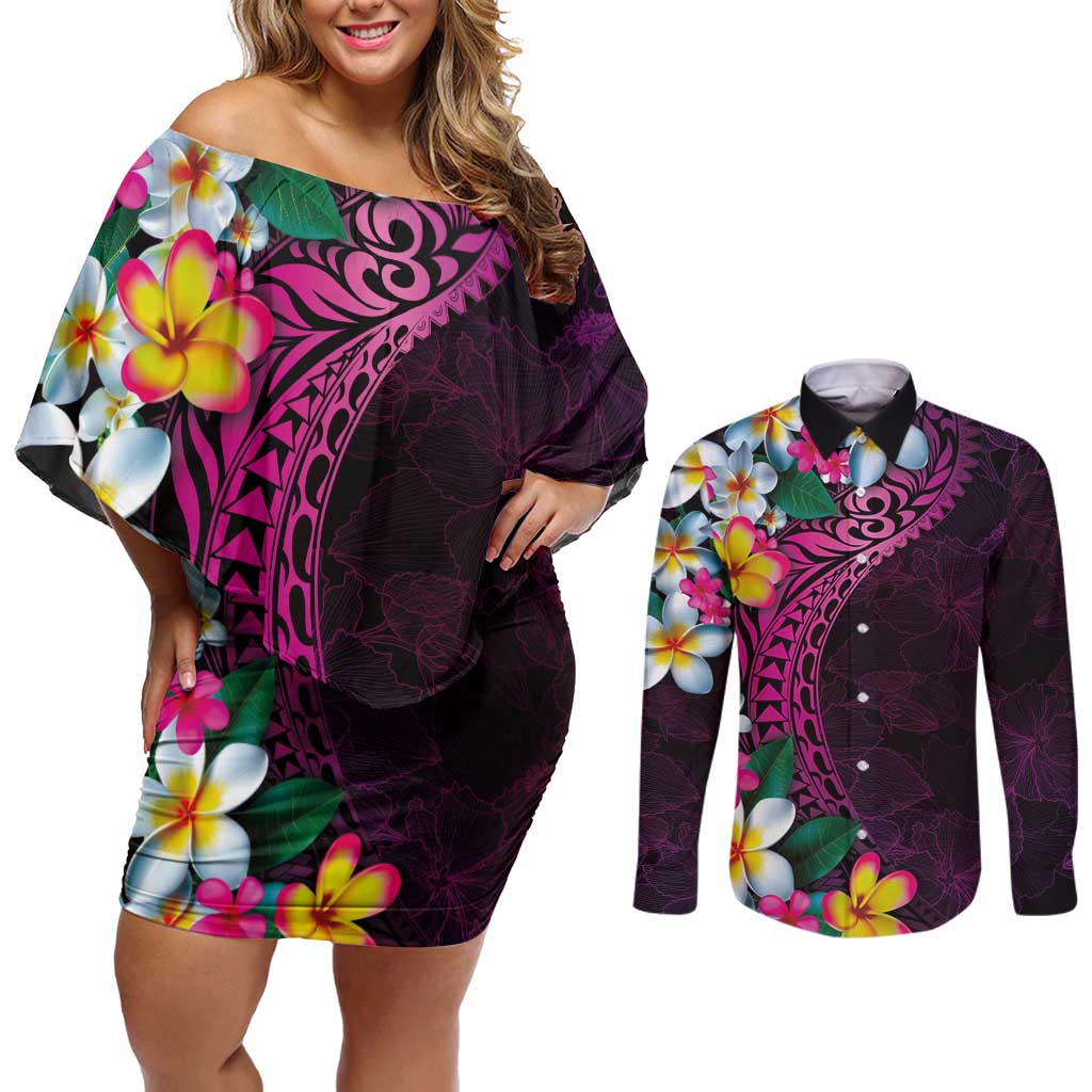Hawaiian Plumeria-Polynesian Art Tattoo Plum Pink Color Couples Matching Off Shoulder Short Dress and Long Sleeve Button Shirt LT03 Pink - Polynesian Pride