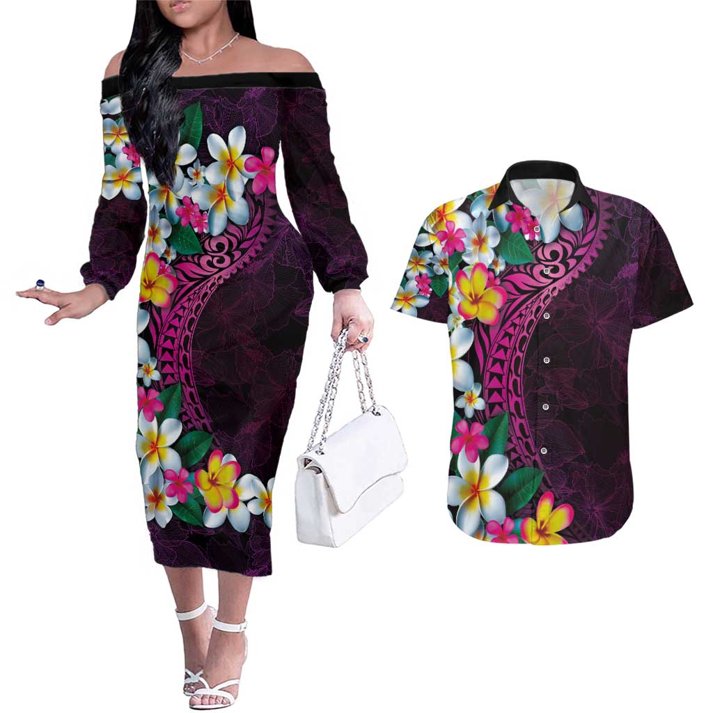 Hawaiian Plumeria-Polynesian Art Tattoo Plum Pink Color Couples Matching Off The Shoulder Long Sleeve Dress and Hawaiian Shirt LT03 Pink - Polynesian Pride
