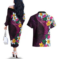 Hawaiian Plumeria-Polynesian Art Tattoo Plum Pink Color Couples Matching Off The Shoulder Long Sleeve Dress and Hawaiian Shirt LT03 - Polynesian Pride