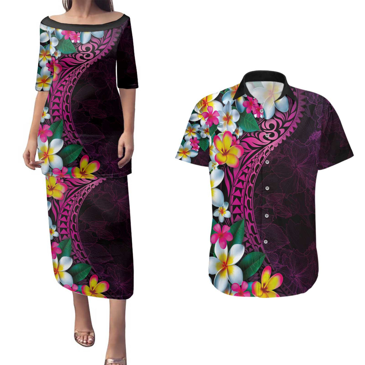 Hawaiian Plumeria-Polynesian Art Tattoo Plum Pink Color Couples Matching Puletasi and Hawaiian Shirt LT03 Pink - Polynesian Pride