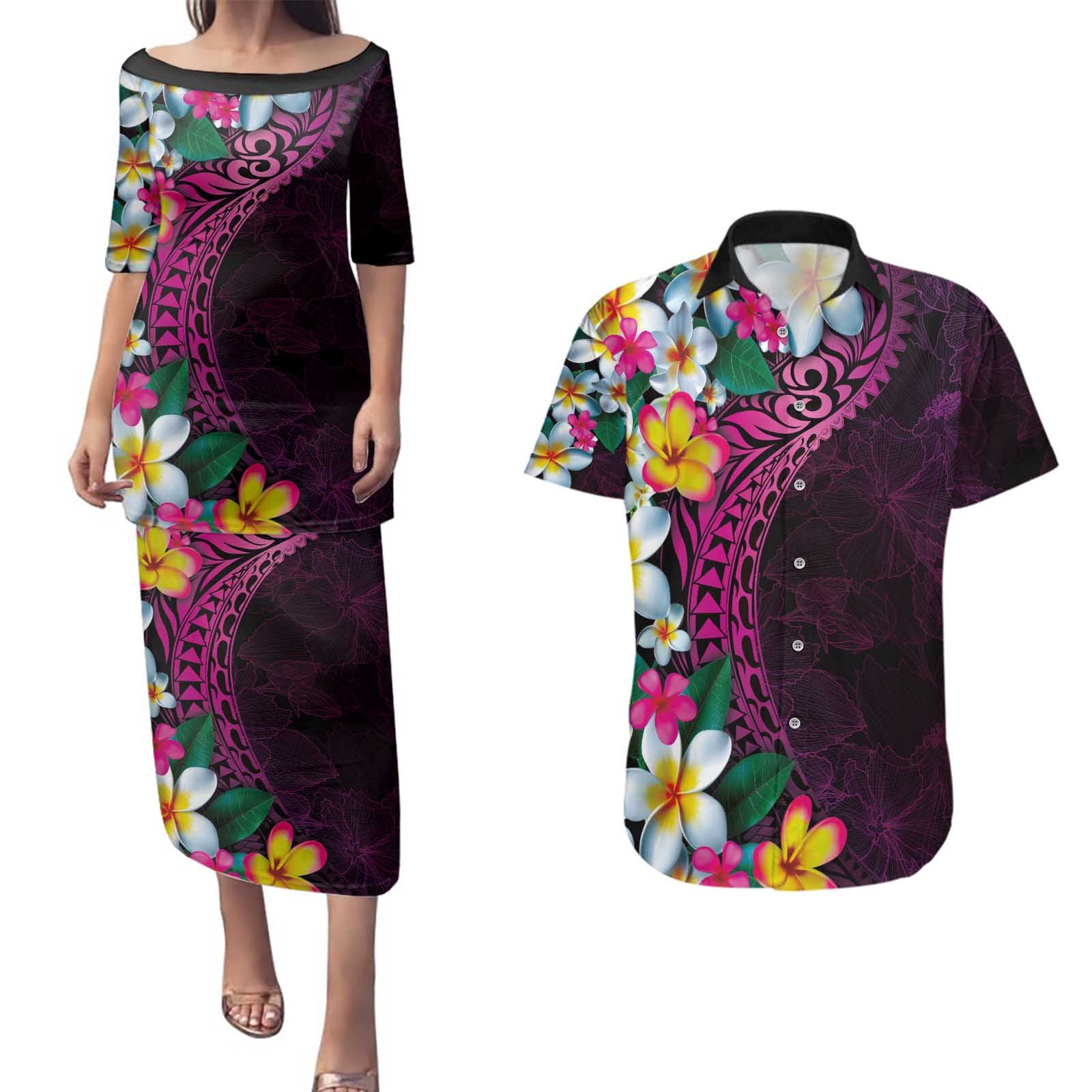 Hawaiian Plumeria-Polynesian Art Tattoo Plum Pink Color Couples Matching Puletasi and Hawaiian Shirt LT03 Pink - Polynesian Pride