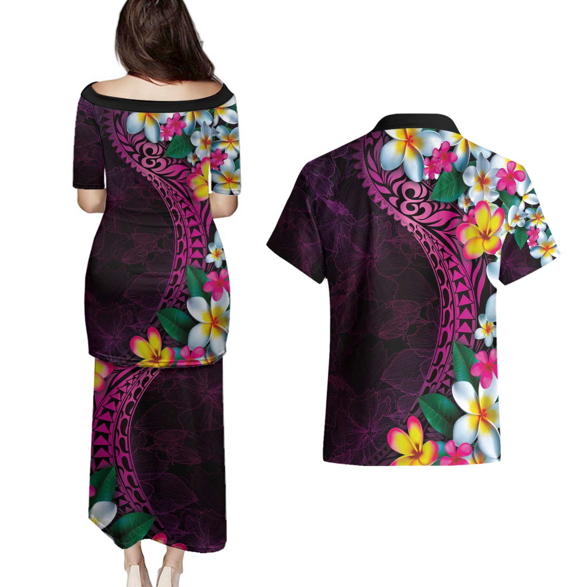 Hawaiian Plumeria-Polynesian Art Tattoo Plum Pink Color Couples Matching Puletasi and Hawaiian Shirt LT03 - Polynesian Pride