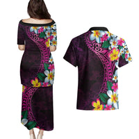 Hawaiian Plumeria-Polynesian Art Tattoo Plum Pink Color Couples Matching Puletasi and Hawaiian Shirt LT03 - Polynesian Pride