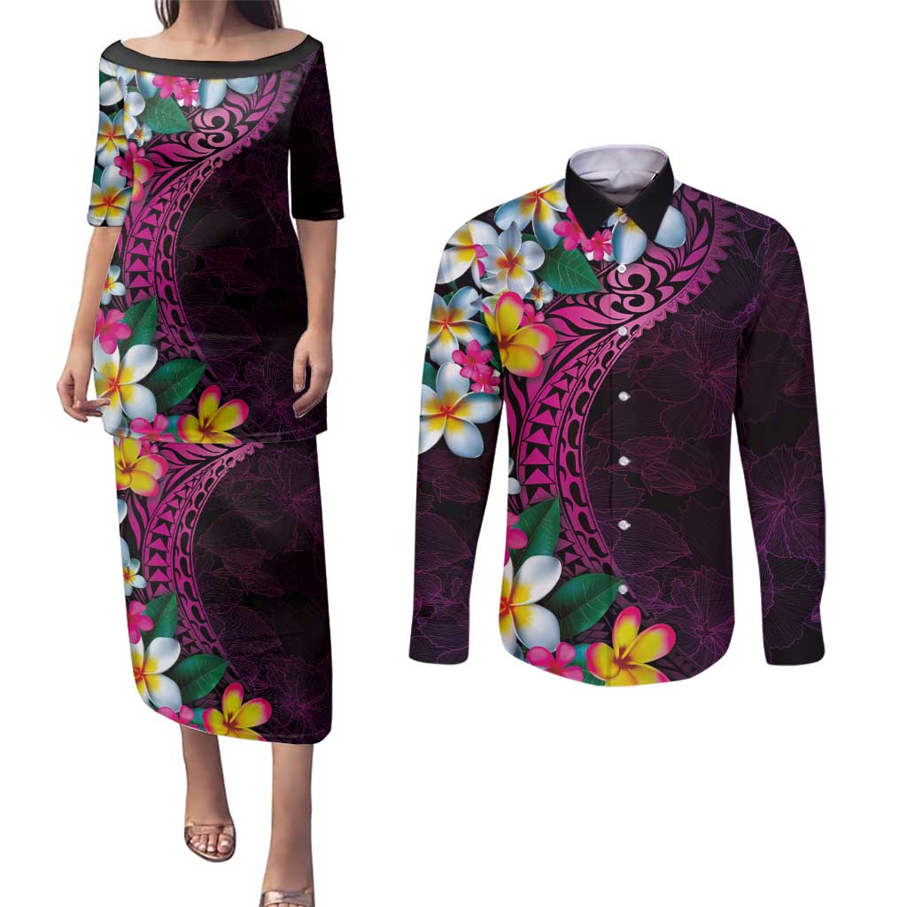 Hawaiian Plumeria-Polynesian Art Tattoo Plum Pink Color Couples Matching Puletasi and Long Sleeve Button Shirt LT03 Pink - Polynesian Pride