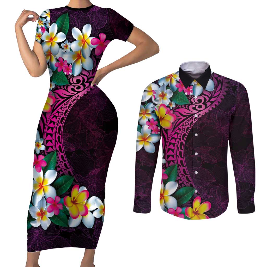 Hawaiian Plumeria-Polynesian Art Tattoo Plum Pink Color Couples Matching Short Sleeve Bodycon Dress and Long Sleeve Button Shirt LT03 Pink - Polynesian Pride