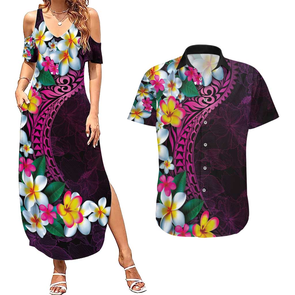 Hawaiian Plumeria-Polynesian Art Tattoo Plum Pink Color Couples Matching Summer Maxi Dress and Hawaiian Shirt LT03 Pink - Polynesian Pride