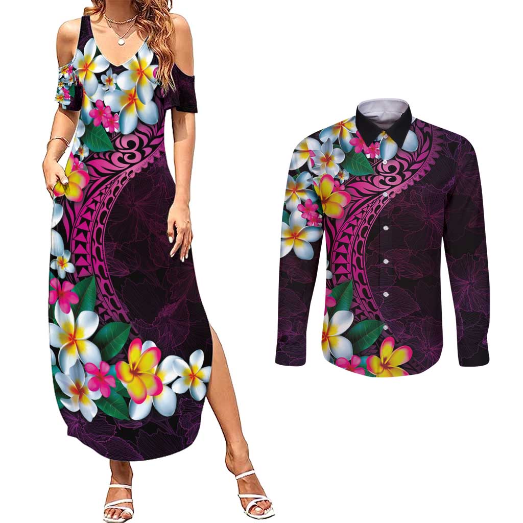 Hawaiian Plumeria-Polynesian Art Tattoo Plum Pink Color Couples Matching Summer Maxi Dress and Long Sleeve Button Shirt LT03 Pink - Polynesian Pride