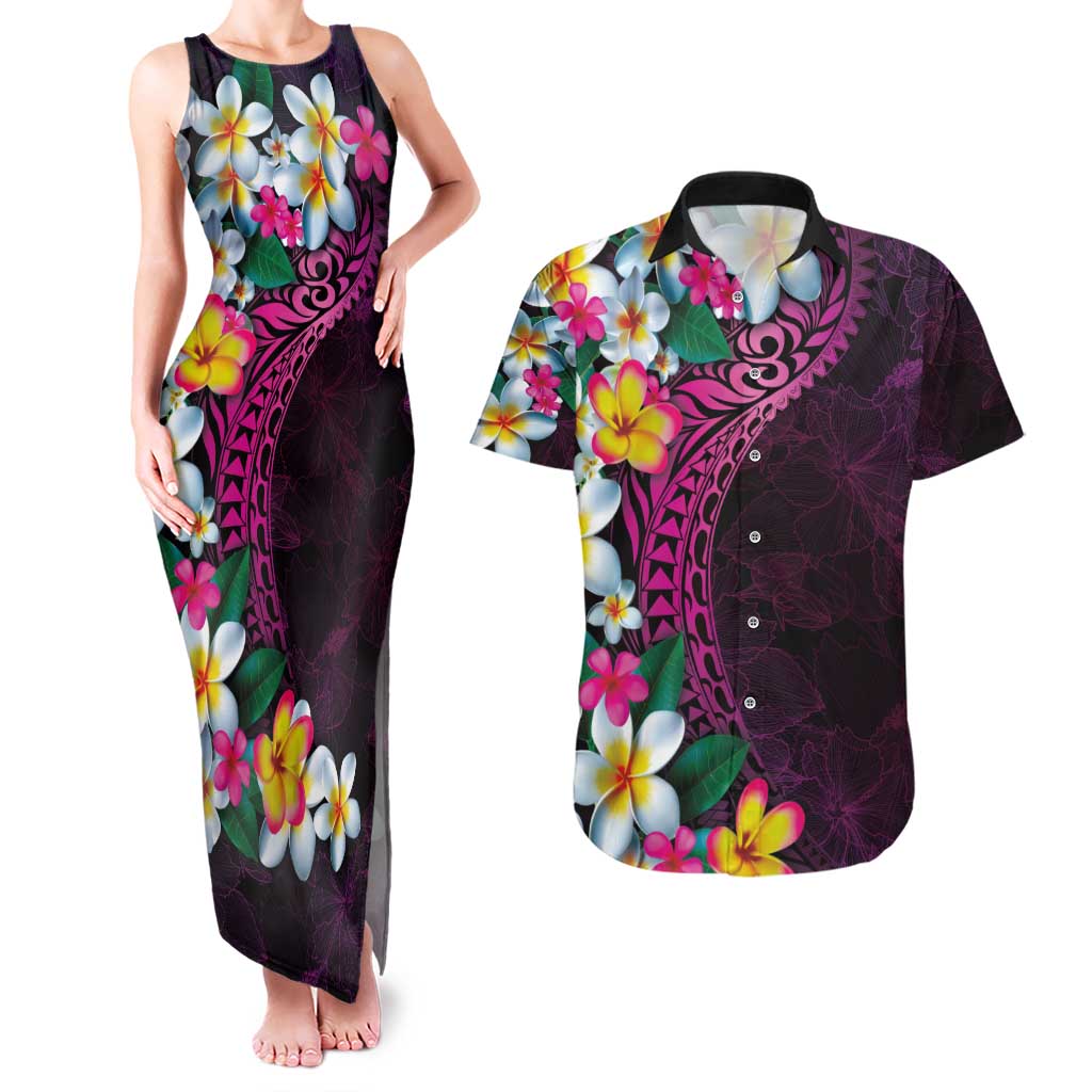 Hawaiian Plumeria-Polynesian Art Tattoo Plum Pink Color Couples Matching Tank Maxi Dress and Hawaiian Shirt LT03 Pink - Polynesian Pride