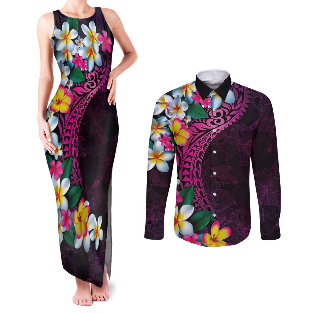 Hawaiian Plumeria-Polynesian Art Tattoo Plum Pink Color Couples Matching Tank Maxi Dress and Long Sleeve Button Shirt LT03 Pink - Polynesian Pride
