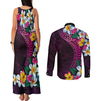 Hawaiian Plumeria-Polynesian Art Tattoo Plum Pink Color Couples Matching Tank Maxi Dress and Long Sleeve Button Shirt LT03 - Polynesian Pride