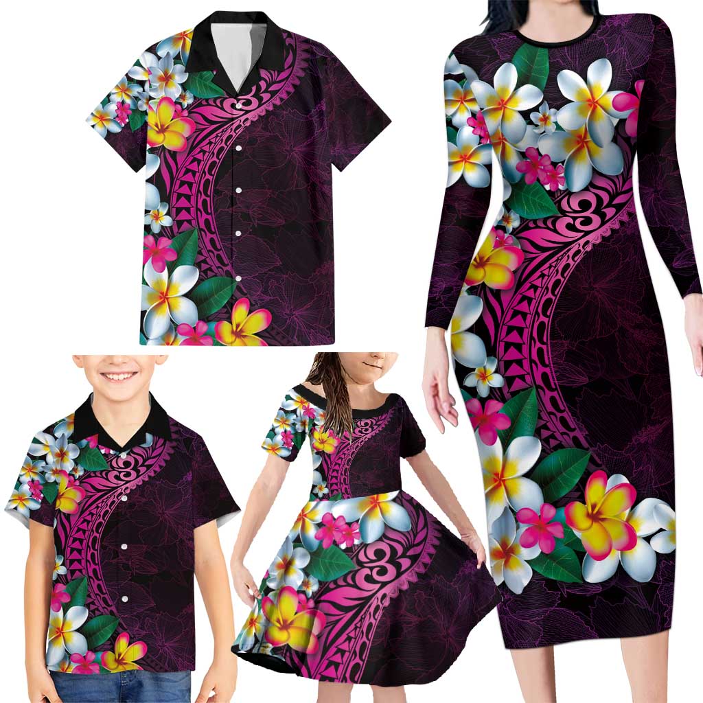 Hawaiian Plumeria-Polynesian Art Tattoo Plum Pink Color Family Matching Long Sleeve Bodycon Dress and Hawaiian Shirt LT03 - Polynesian Pride