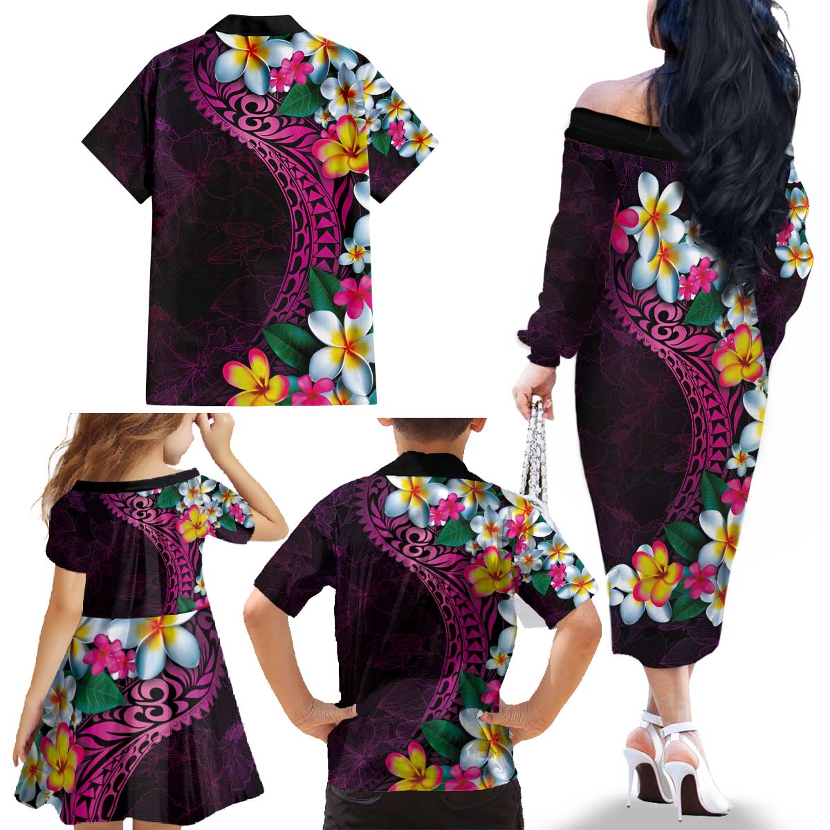 Hawaiian Plumeria-Polynesian Art Tattoo Plum Pink Color Family Matching Off The Shoulder Long Sleeve Dress and Hawaiian Shirt LT03 - Polynesian Pride