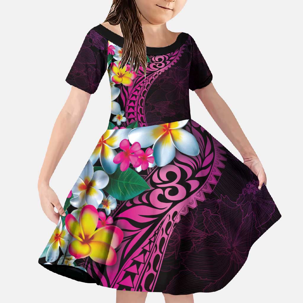 Hawaiian Plumeria-Polynesian Art Tattoo Plum Pink Color Family Matching Off Shoulder Maxi Dress and Hawaiian Shirt LT03 Daughter's Dress Pink - Polynesian Pride