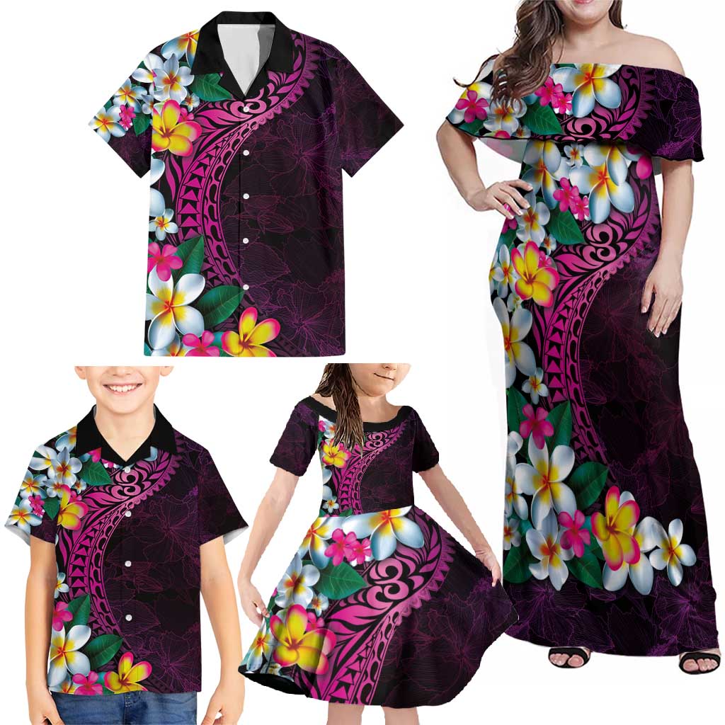 Hawaiian Plumeria-Polynesian Art Tattoo Plum Pink Color Family Matching Off Shoulder Maxi Dress and Hawaiian Shirt LT03 - Polynesian Pride