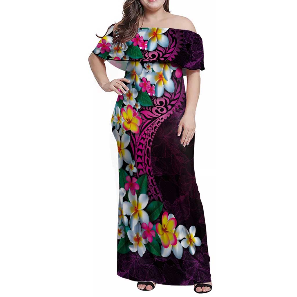 Hawaiian Plumeria-Polynesian Art Tattoo Plum Pink Color Family Matching Off Shoulder Maxi Dress and Hawaiian Shirt LT03 Mom's Dress Pink - Polynesian Pride