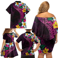 Hawaiian Plumeria-Polynesian Art Tattoo Plum Pink Color Family Matching Off Shoulder Short Dress and Hawaiian Shirt LT03 - Polynesian Pride