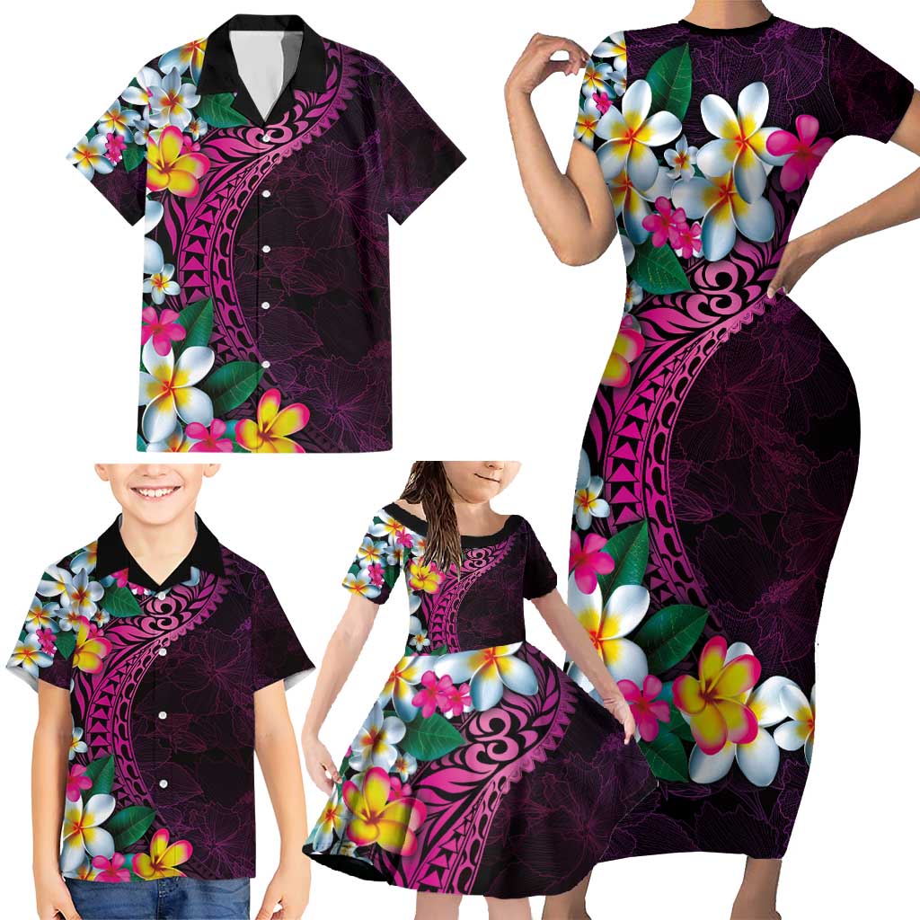 Hawaiian Plumeria-Polynesian Art Tattoo Plum Pink Color Family Matching Short Sleeve Bodycon Dress and Hawaiian Shirt LT03 - Polynesian Pride
