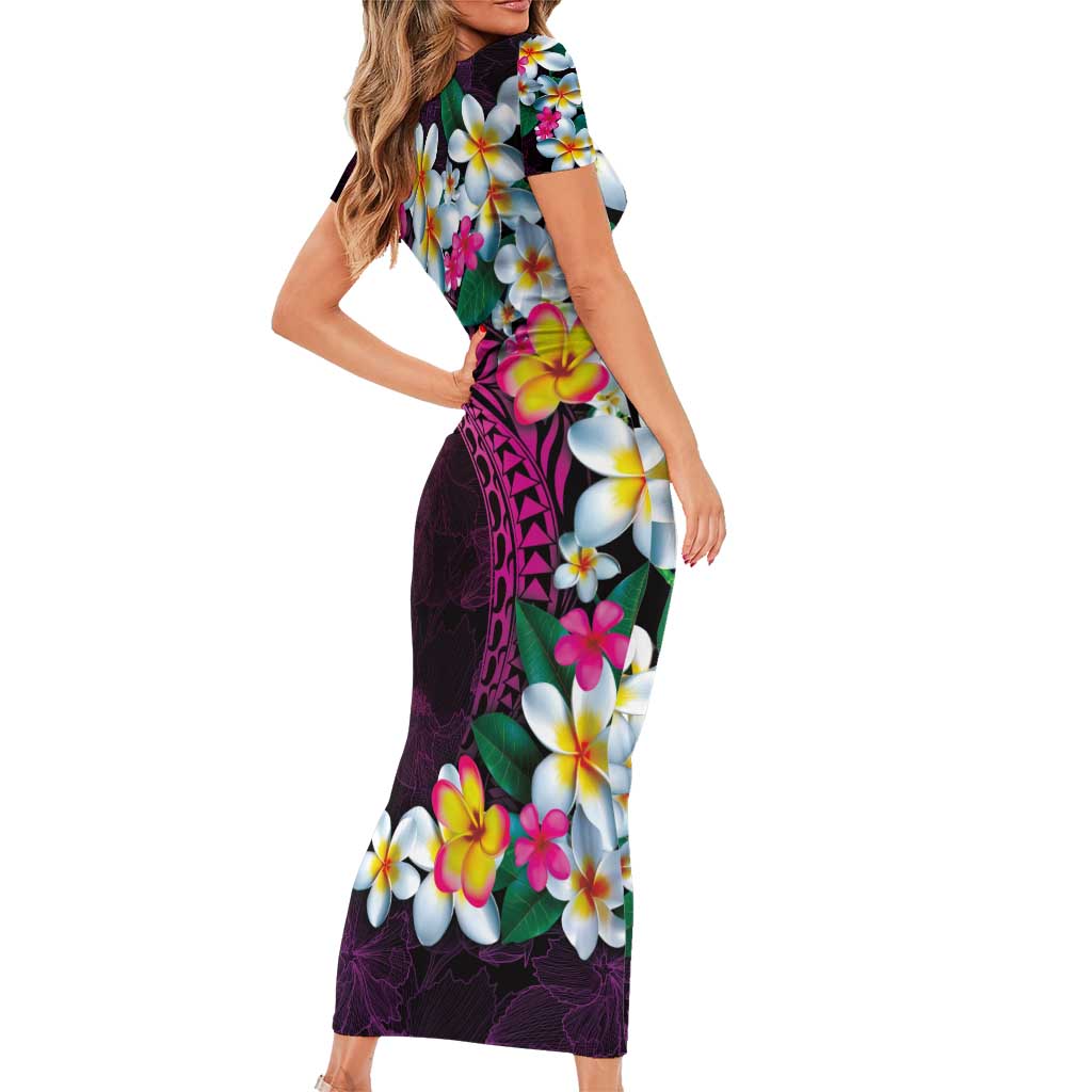 Hawaiian Plumeria-Polynesian Art Tattoo Plum Pink Color Family Matching Short Sleeve Bodycon Dress and Hawaiian Shirt LT03 - Polynesian Pride