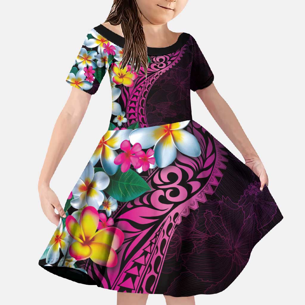 Hawaiian Plumeria-Polynesian Art Tattoo Plum Pink Color Family Matching Summer Maxi Dress and Hawaiian Shirt LT03 Daughter's Dress Pink - Polynesian Pride