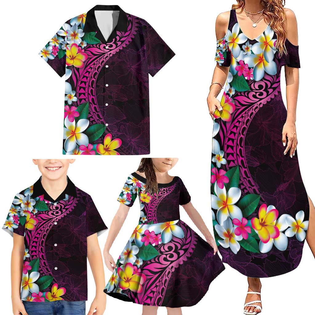Hawaiian Plumeria-Polynesian Art Tattoo Plum Pink Color Family Matching Summer Maxi Dress and Hawaiian Shirt LT03 - Polynesian Pride