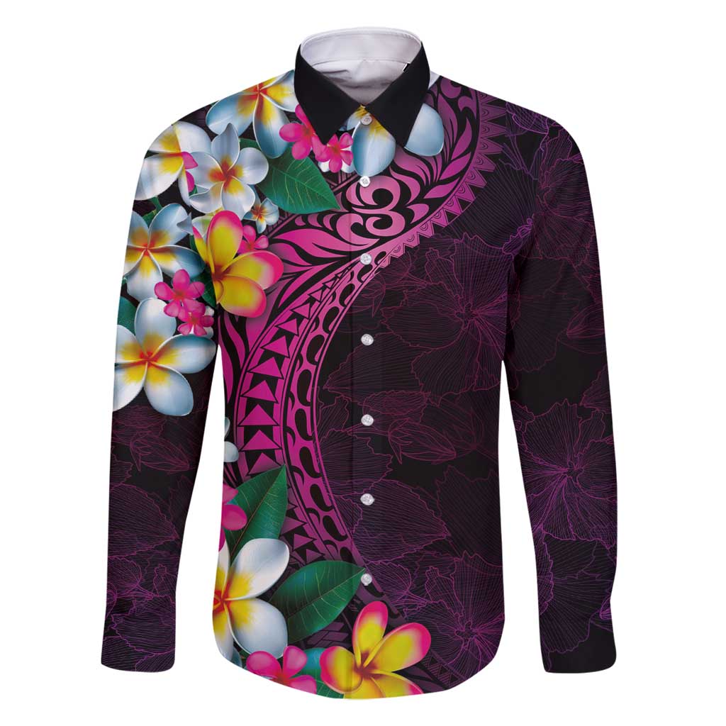 Hawaiian Plumeria-Polynesian Art Tattoo Plum Pink Color Family Matching Tank Maxi Dress and Hawaiian Shirt LT03 Dad's Shirt - Long Sleeve Pink - Polynesian Pride